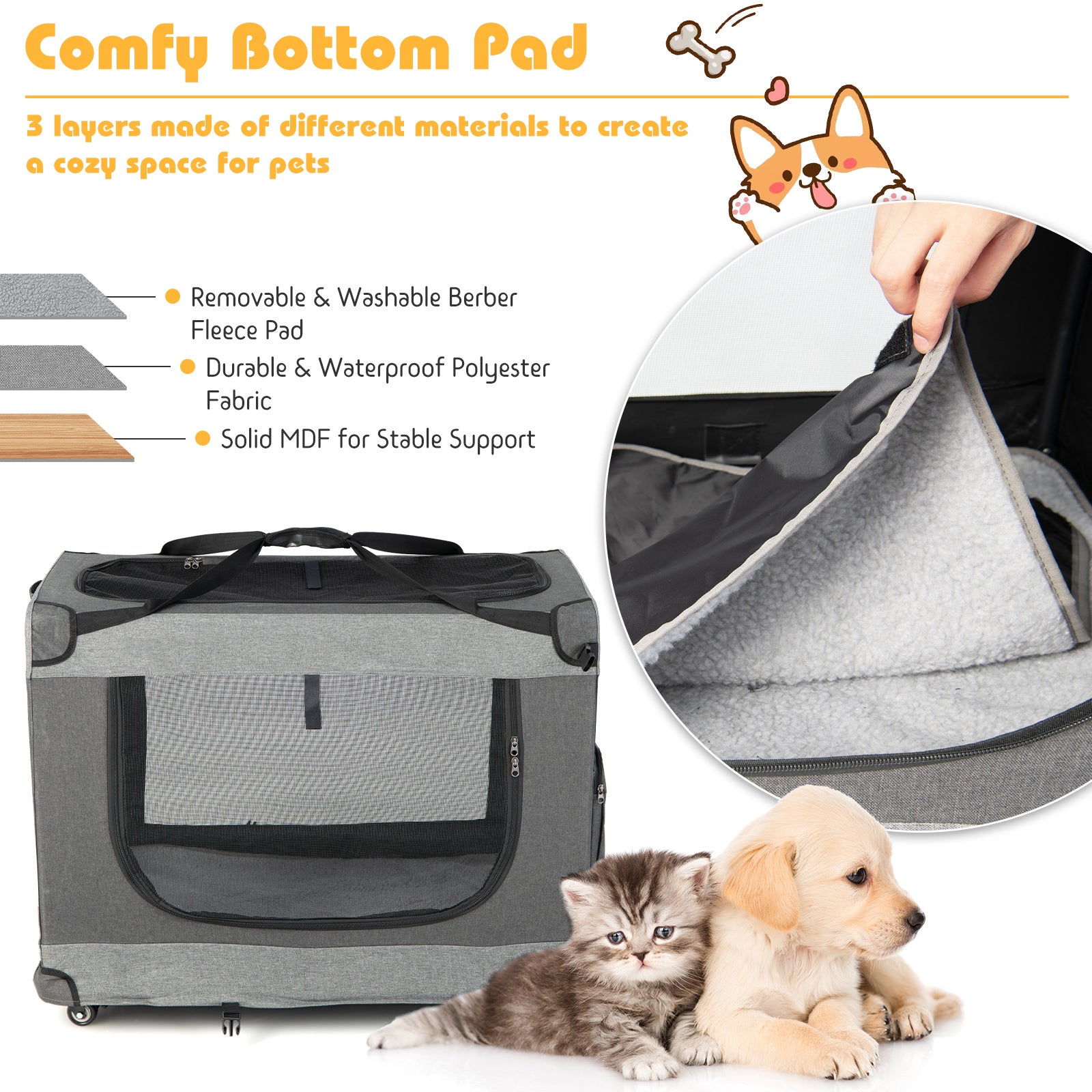 Portable Folding Dog Soft Crate Cat Carrier with 4 Lockable Wheels-XL