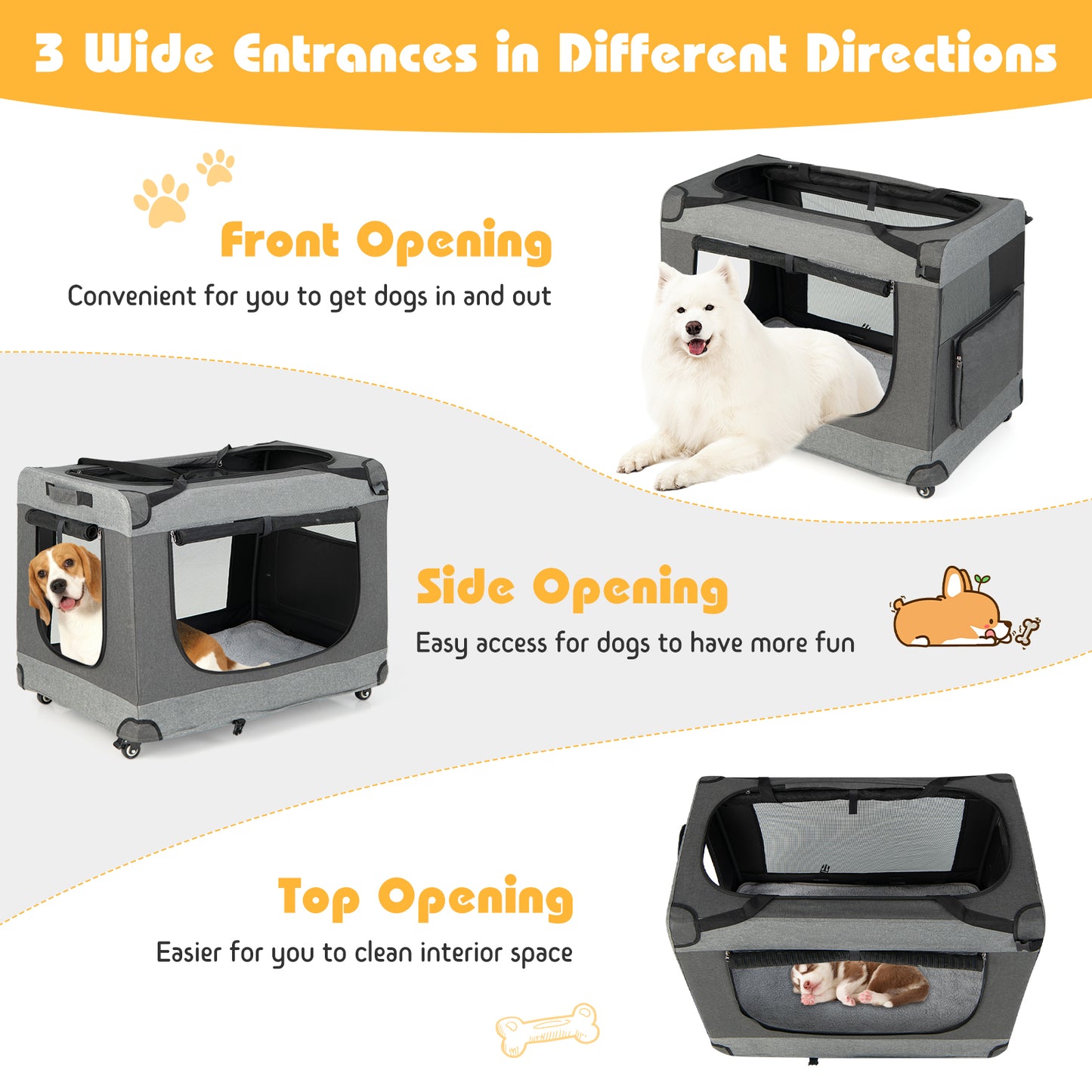 Portable Folding Dog Soft Crate Cat Carrier with 4 Lockable Wheels-XL