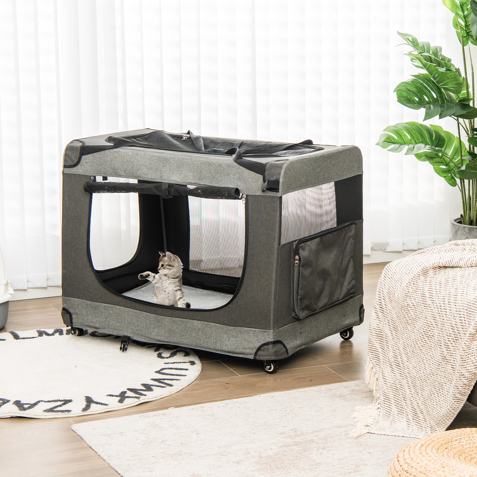 Portable Folding Dog Soft Crate Cat Carrier with 4 Lockable Wheels-XXL