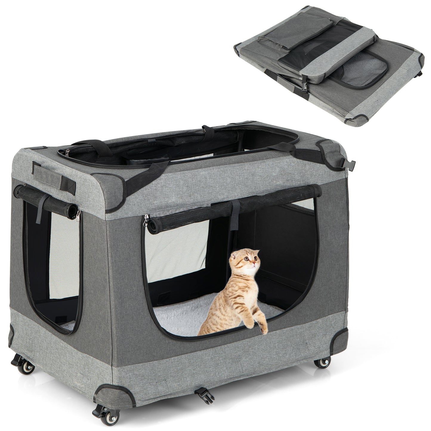 Portable Folding Dog Soft Crate Cat Carrier with 4 Lockable Wheels-XXL