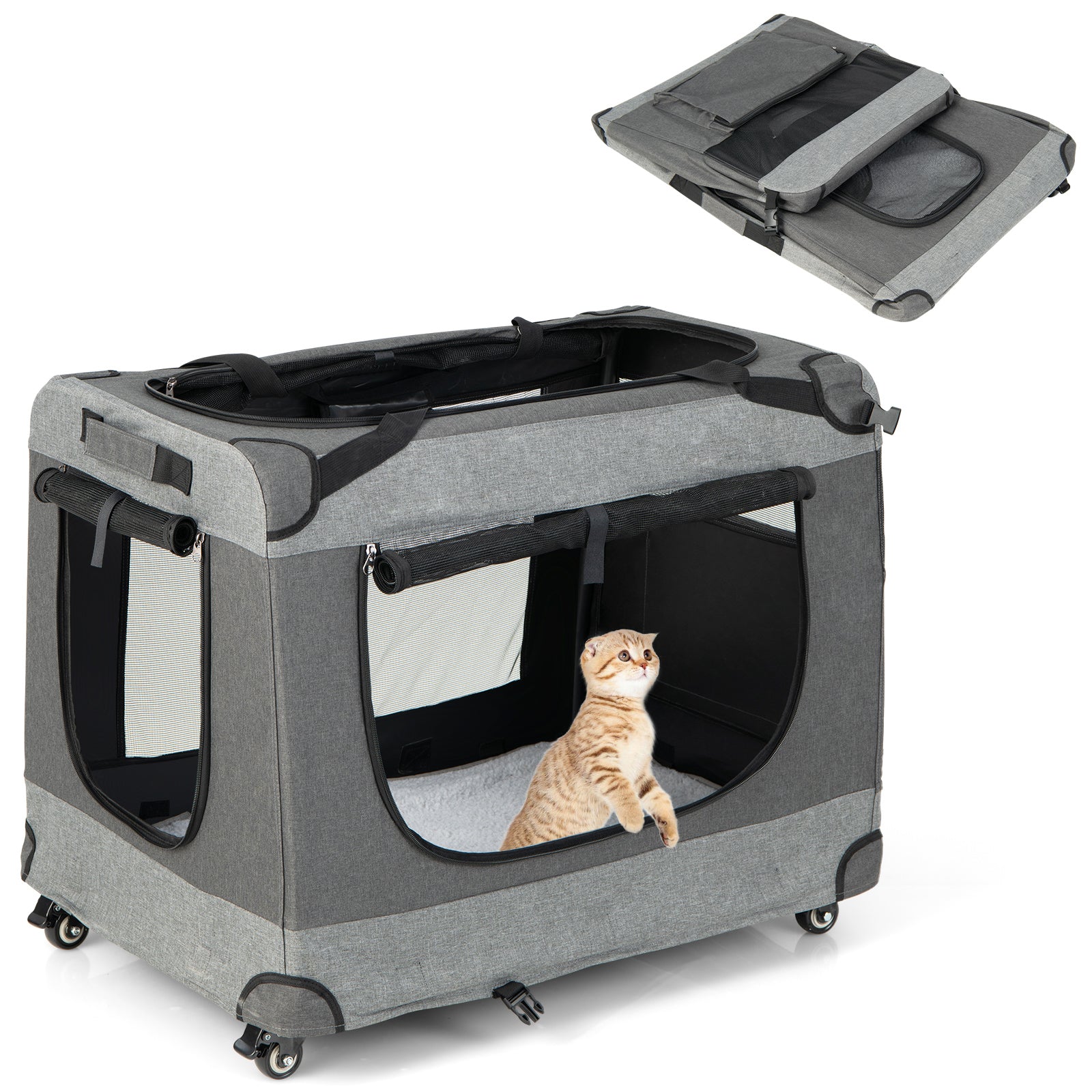 Portable Folding Dog Soft Crate Cat Carrier with 4 Lockable Wheels-XXL