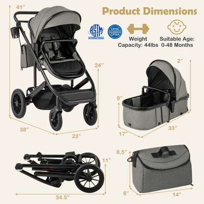 3-in-1 Folding Convertible Newborn Stroller with Detachable Bassinet-Black - Gray