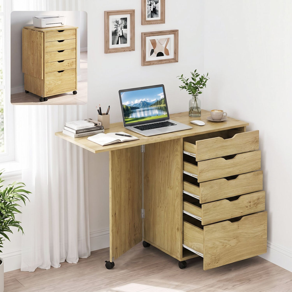 Folding Desk with Storage Drawers and Wheels for Dorms Apartments