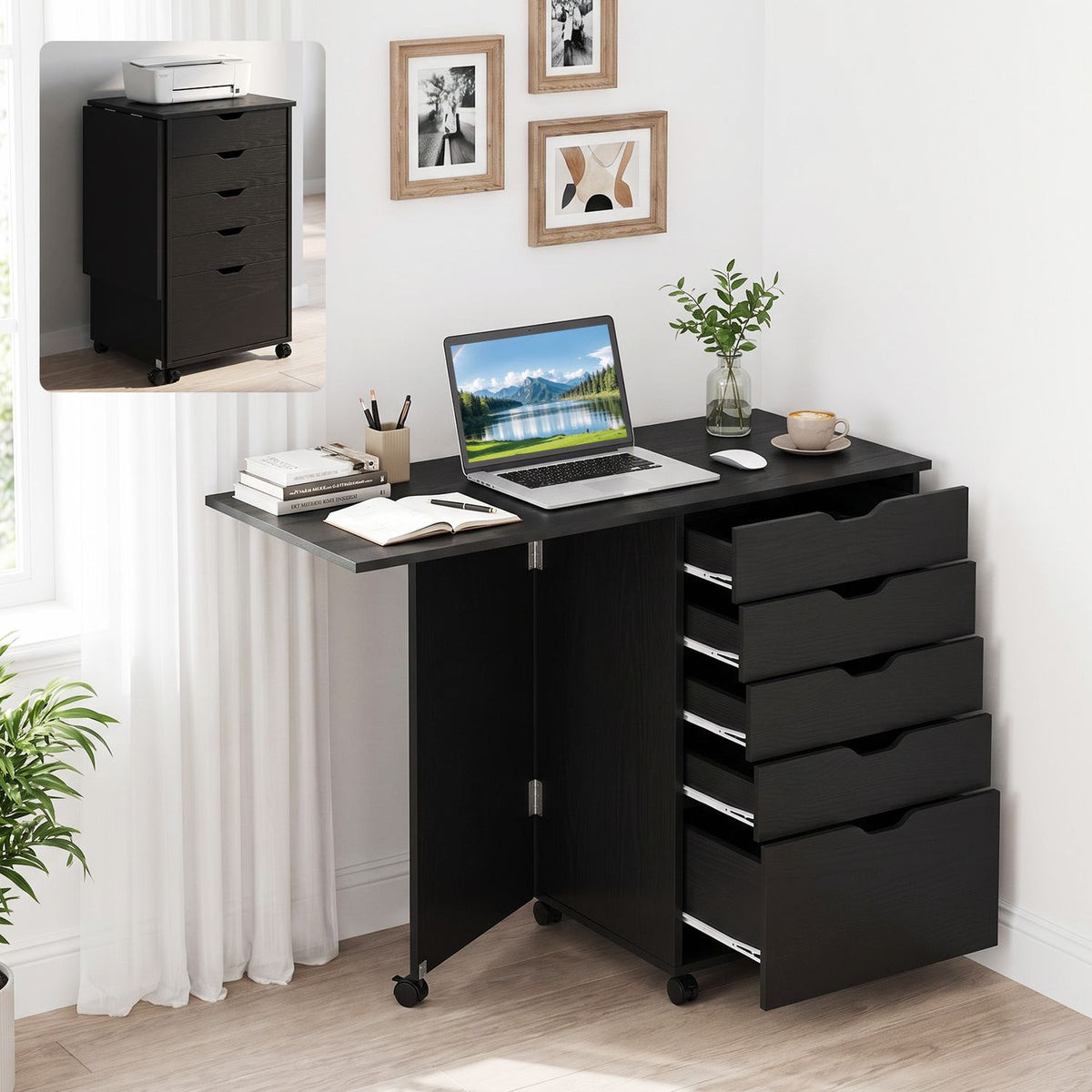 Folding Desk with Storage Drawers and Wheels for Dorms Apartments