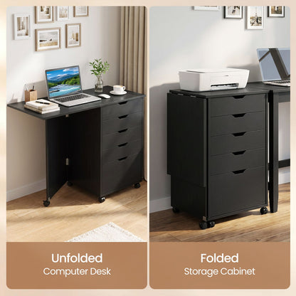 Folding Desk with Storage Drawers and Wheels for Dorms Apartments