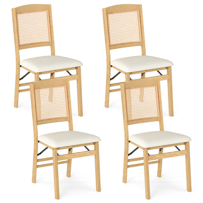 Folding Dining Chairs Set of 4 Rubber Wood Chairs with Linen Padded Seat-Natural