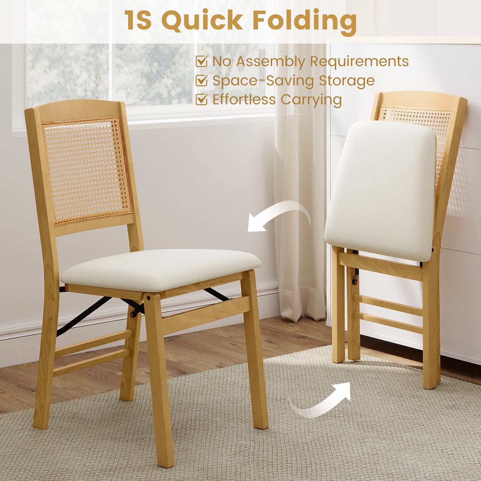 Folding Dining Chairs Set of 4 Rubber Wood Chairs with Linen Padded Seat-Natural