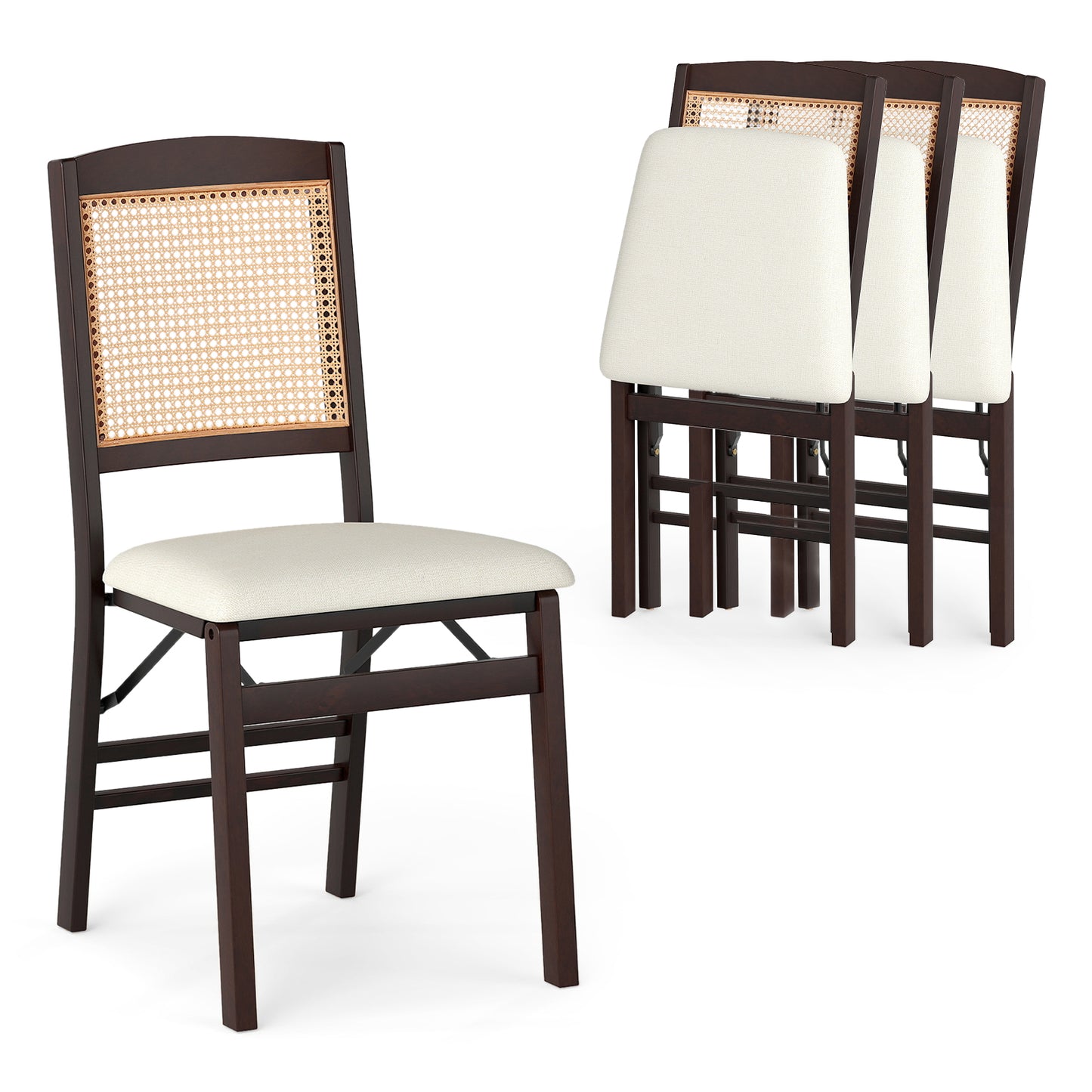 Folding Dining Chairs Set of 4 Rubber Wood Chairs with Linen Padded Seat-Coffee