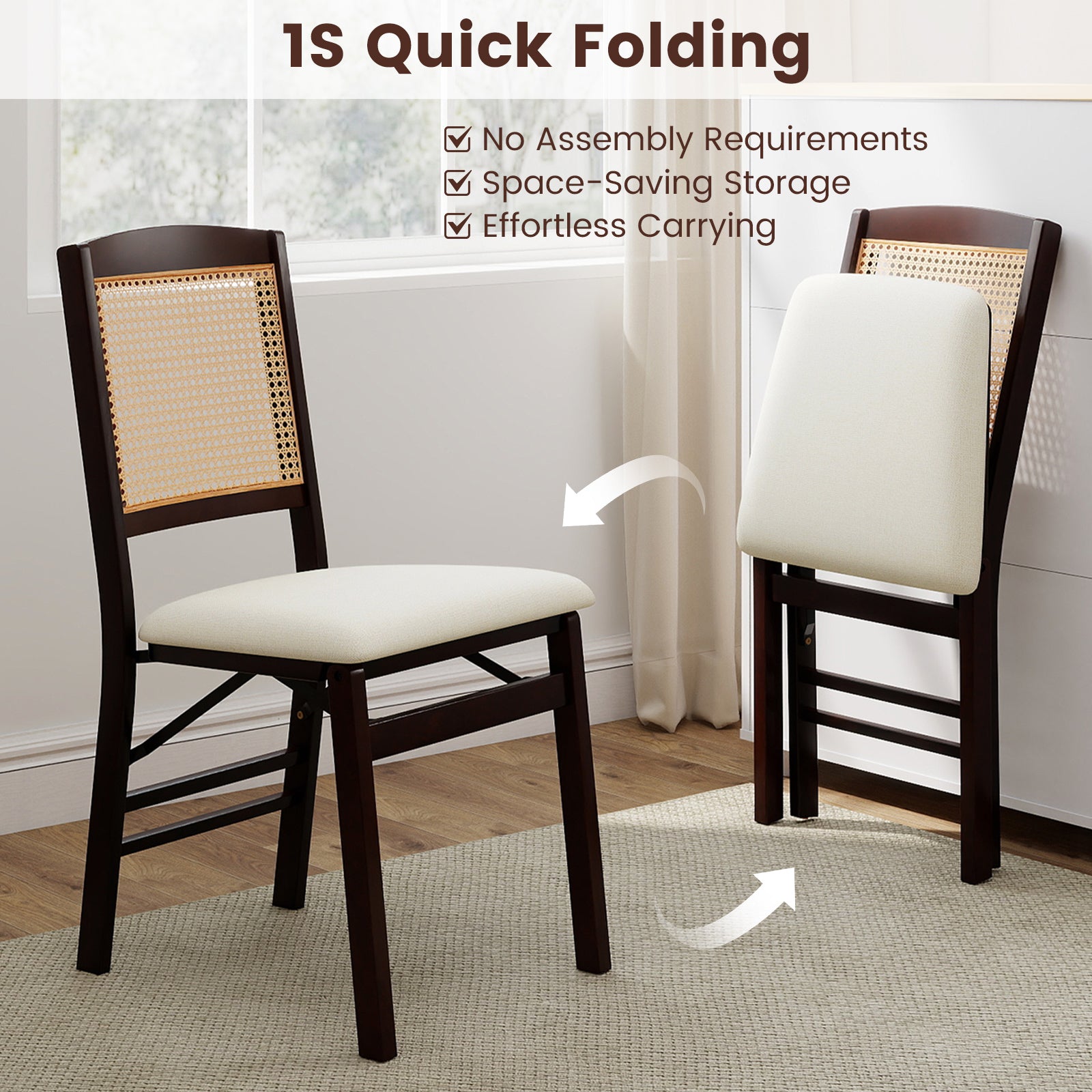 Folding Dining Chairs Set of 4 Rubber Wood Chairs with Linen Padded Seat-Coffee