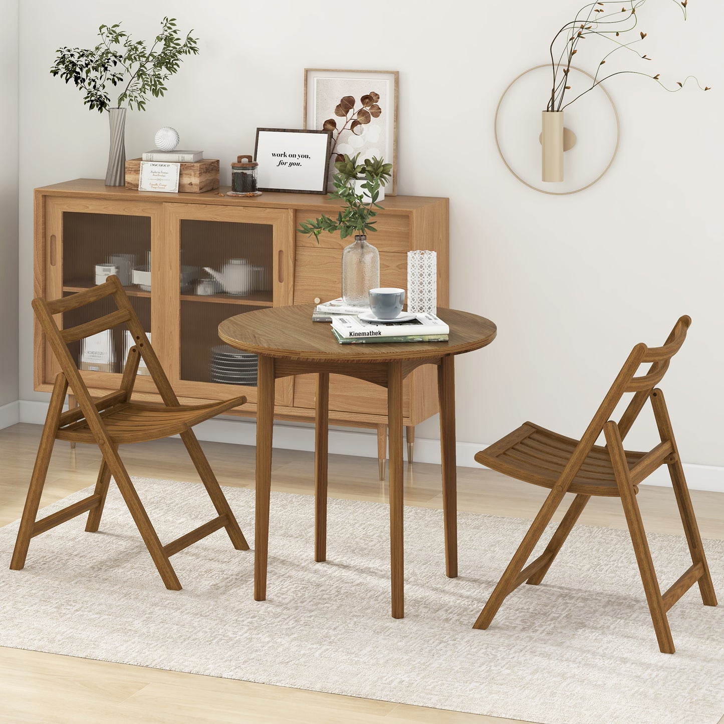 Folding Dining Chair Set of 2 with Rubber Wood Frame and Slatted Seat-Walnut