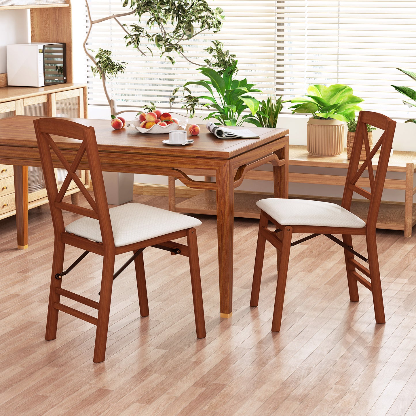Folding Dining Chairs Set of 2 with Padded Seat and Rubber Wood Frame-A
