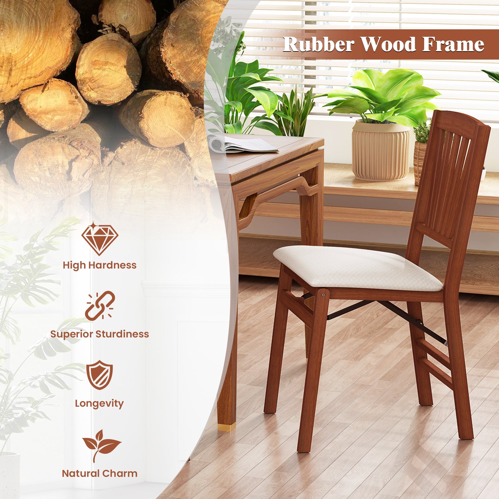 Folding Dining Chairs Set of 2 with Padded Seat and Rubber Wood Frame-B
