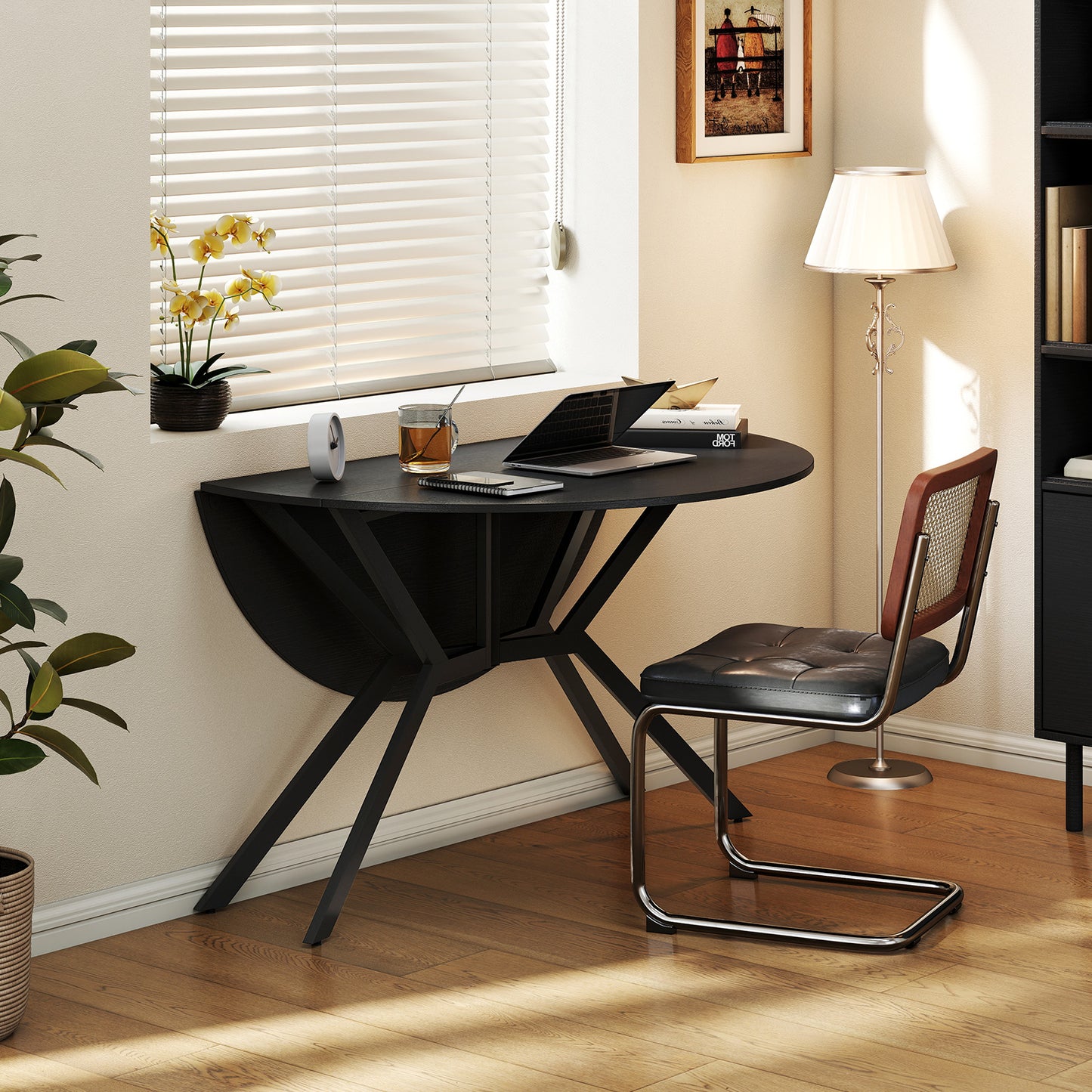 Folding Dining Table 47 Inch Extendable Round Kitchen Table with Drop Leaves-Black