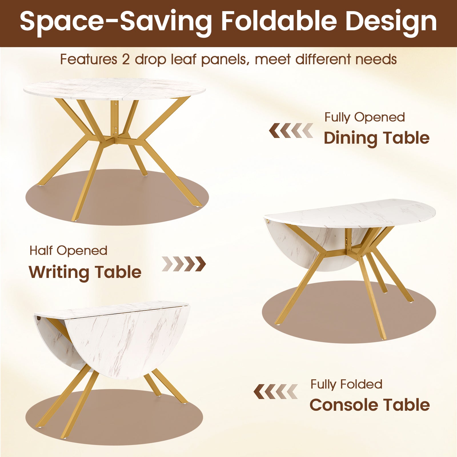 Folding Dining Table 47 Inch Extendable Round Kitchen Table with Drop Leaves-White