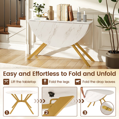 Folding Dining Table 47 Inch Extendable Round Kitchen Table with Drop Leaves-White