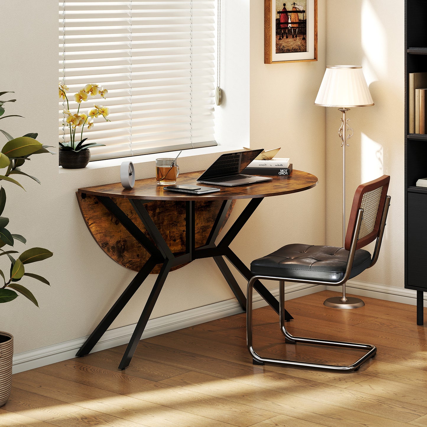 Folding Dining Table 47 Inch Extendable Round Kitchen Table with Drop Leaves-Rustic Brown