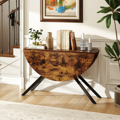 Folding Dining Table 47 Inch Extendable Round Kitchen Table with Drop Leaves-Rustic Brown