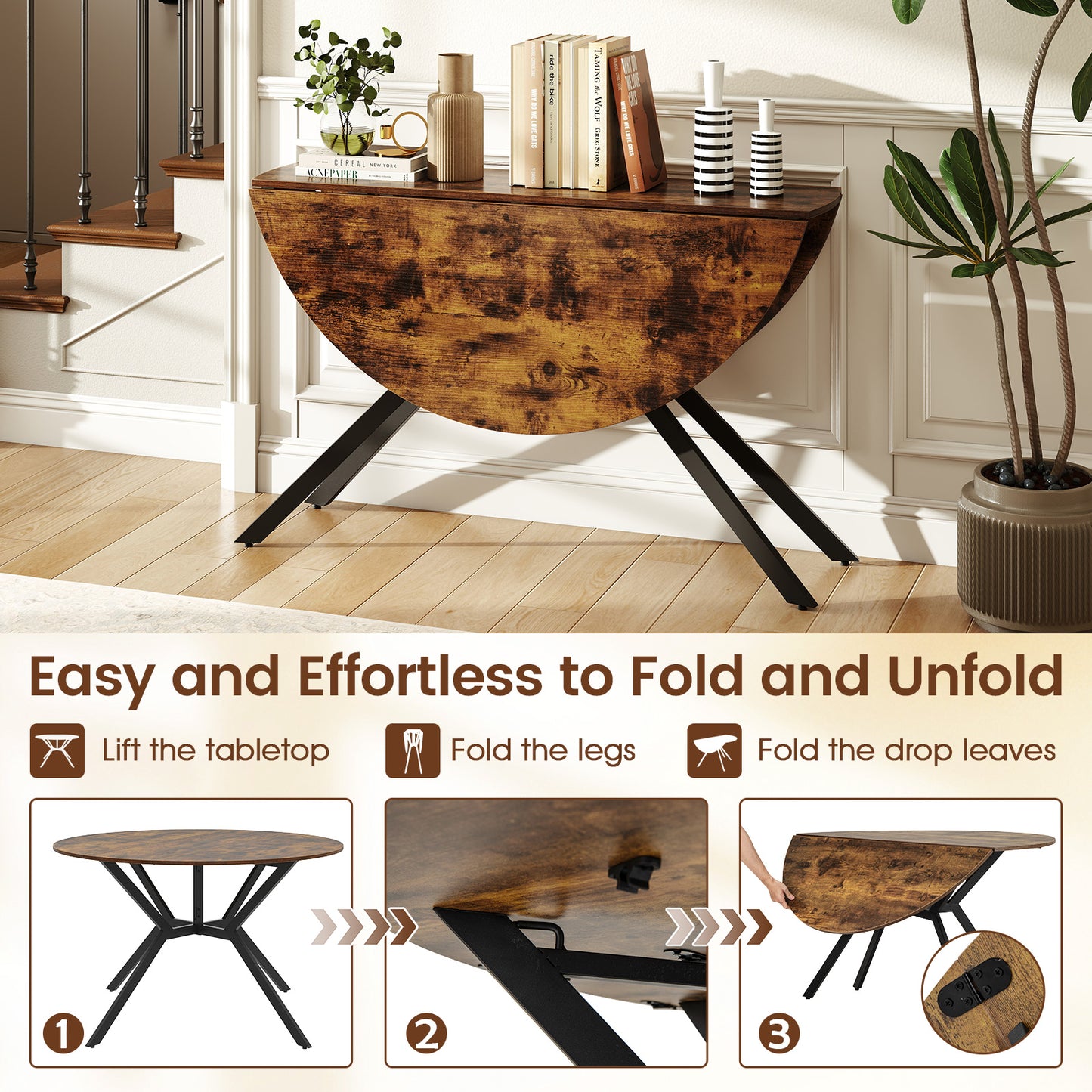 Folding Dining Table 47 Inch Extendable Round Kitchen Table with Drop Leaves-Rustic Brown