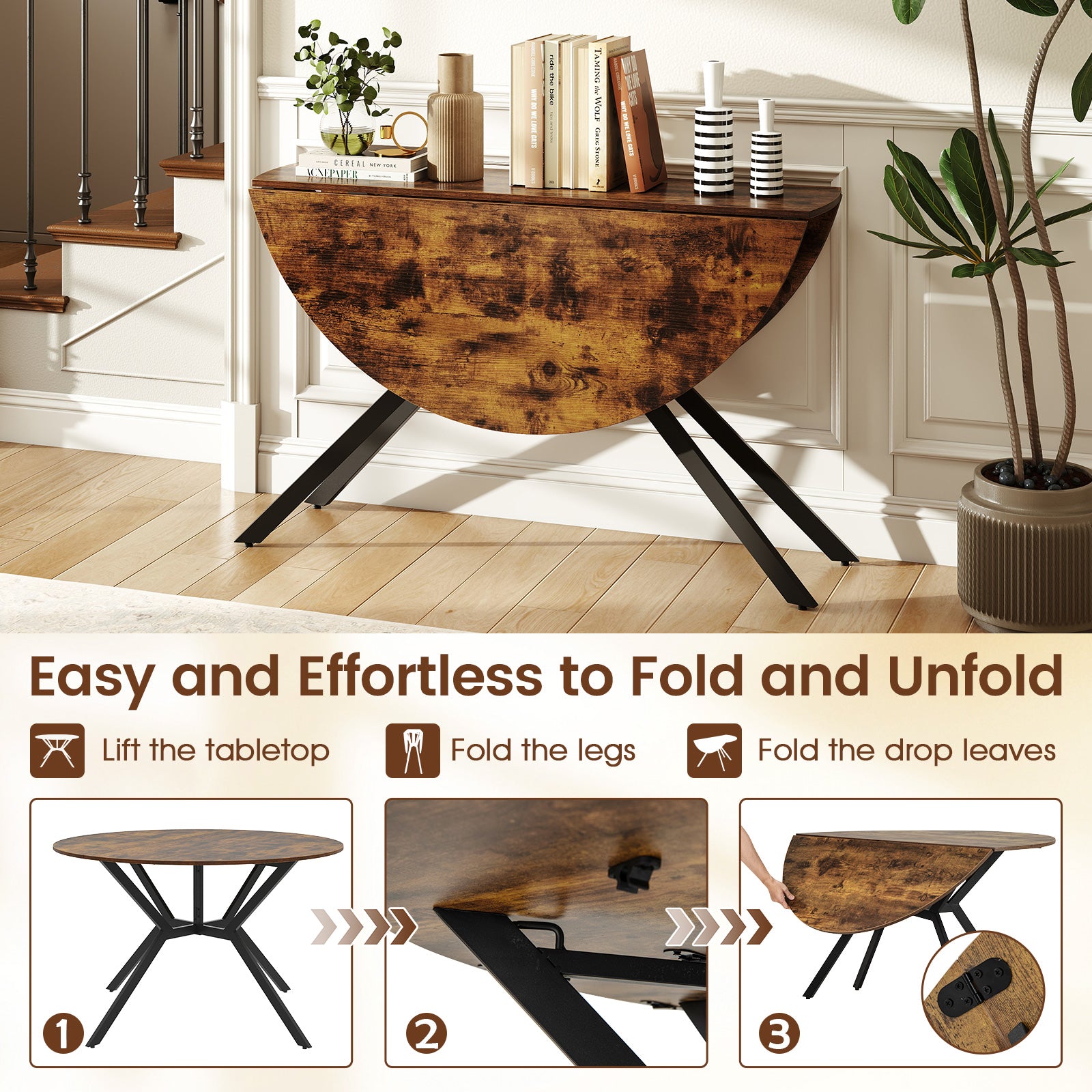 Folding Dining Table 47 Inch Extendable Round Kitchen Table with Drop Leaves-Rustic Brown