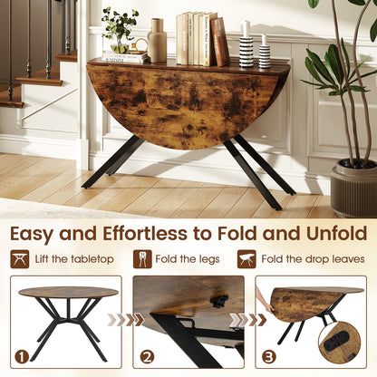 Folding Dining Table 47 Inch Extendable Round Kitchen Table with Drop Leaves-Rustic Brown