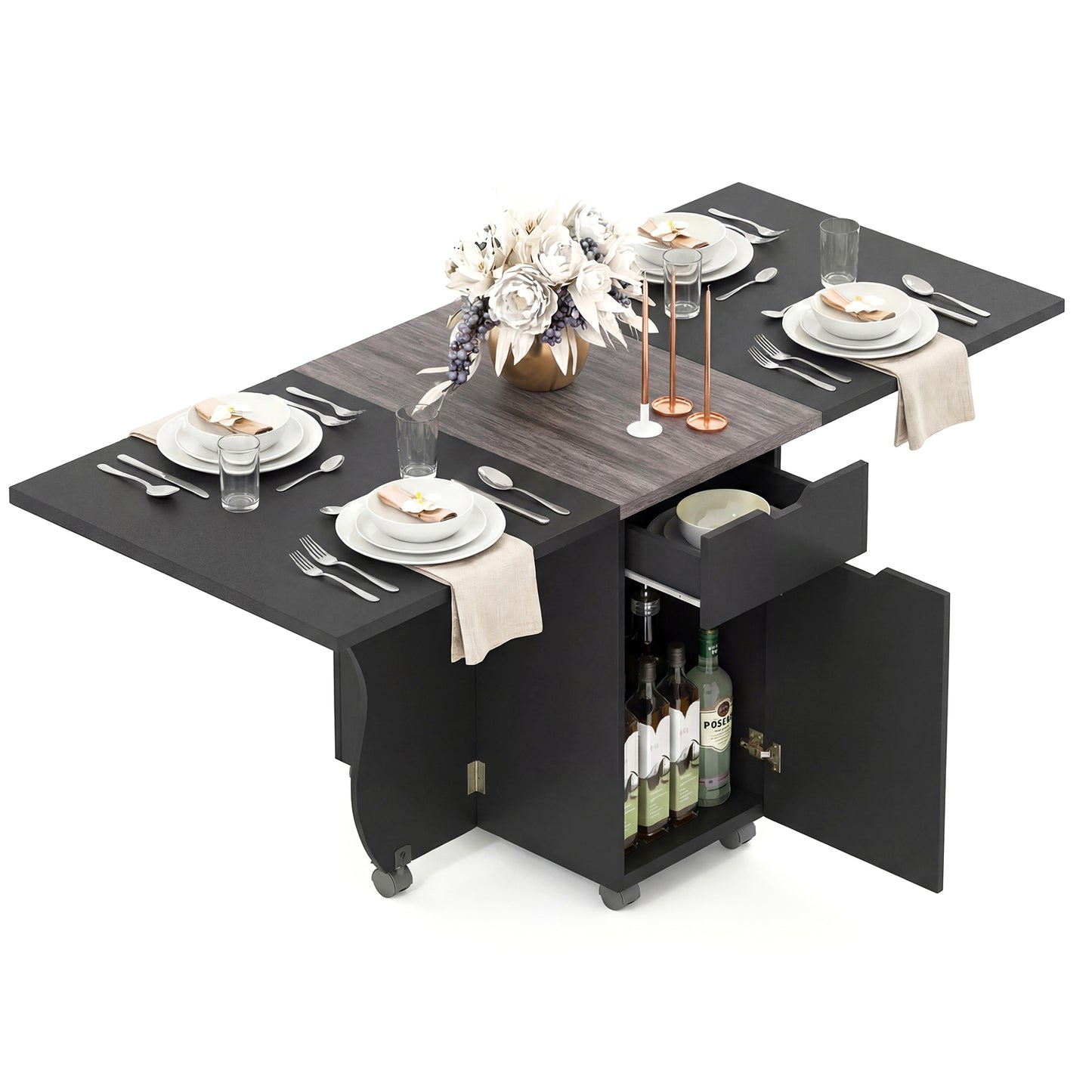 Folding Dining Table 3-in-1 Space-Saving Drop Leaf Kitchen Table with Lockable Wheels-Black