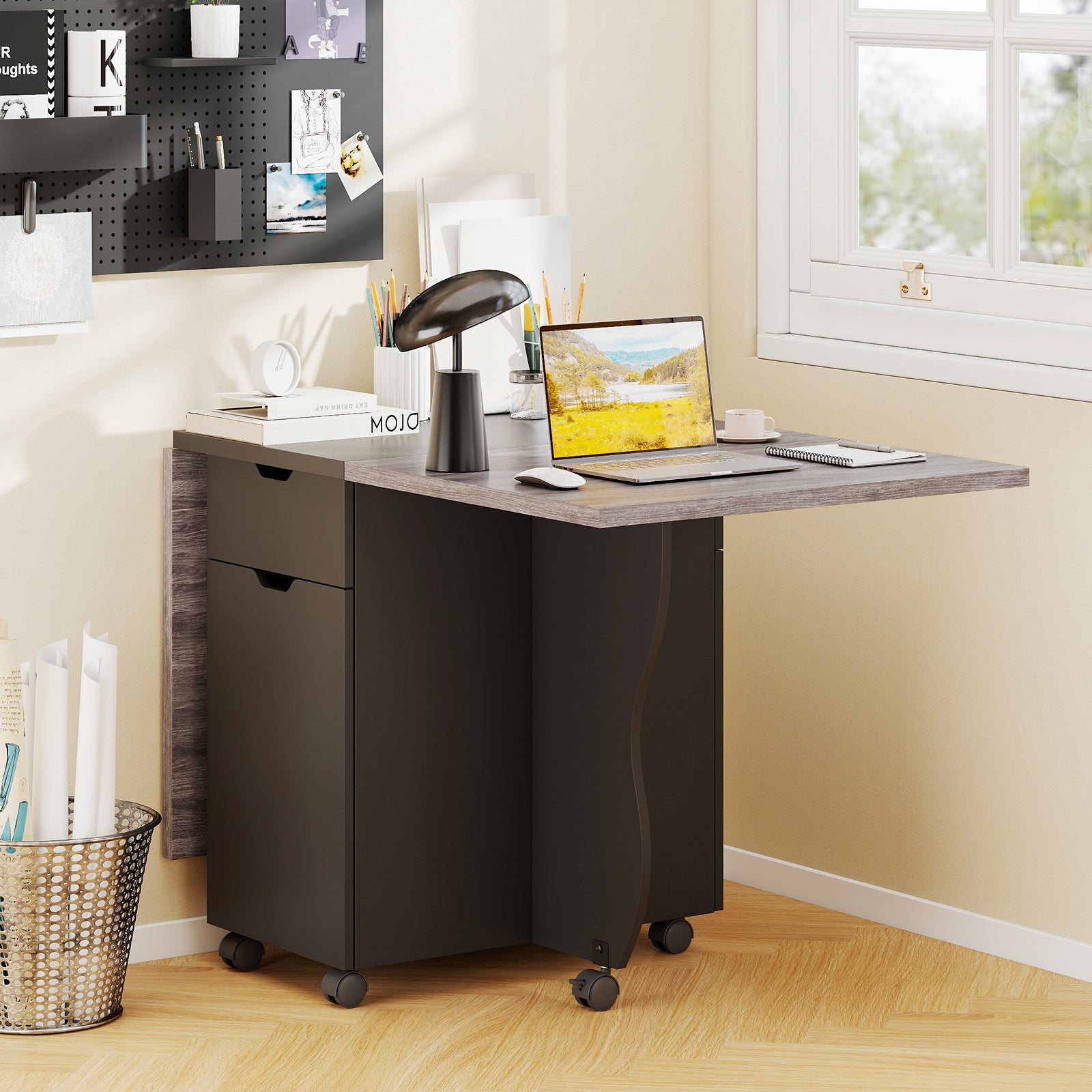 Folding Dining Table 3-in-1 Space-Saving Drop Leaf Kitchen Table with Lockable Wheels-Black