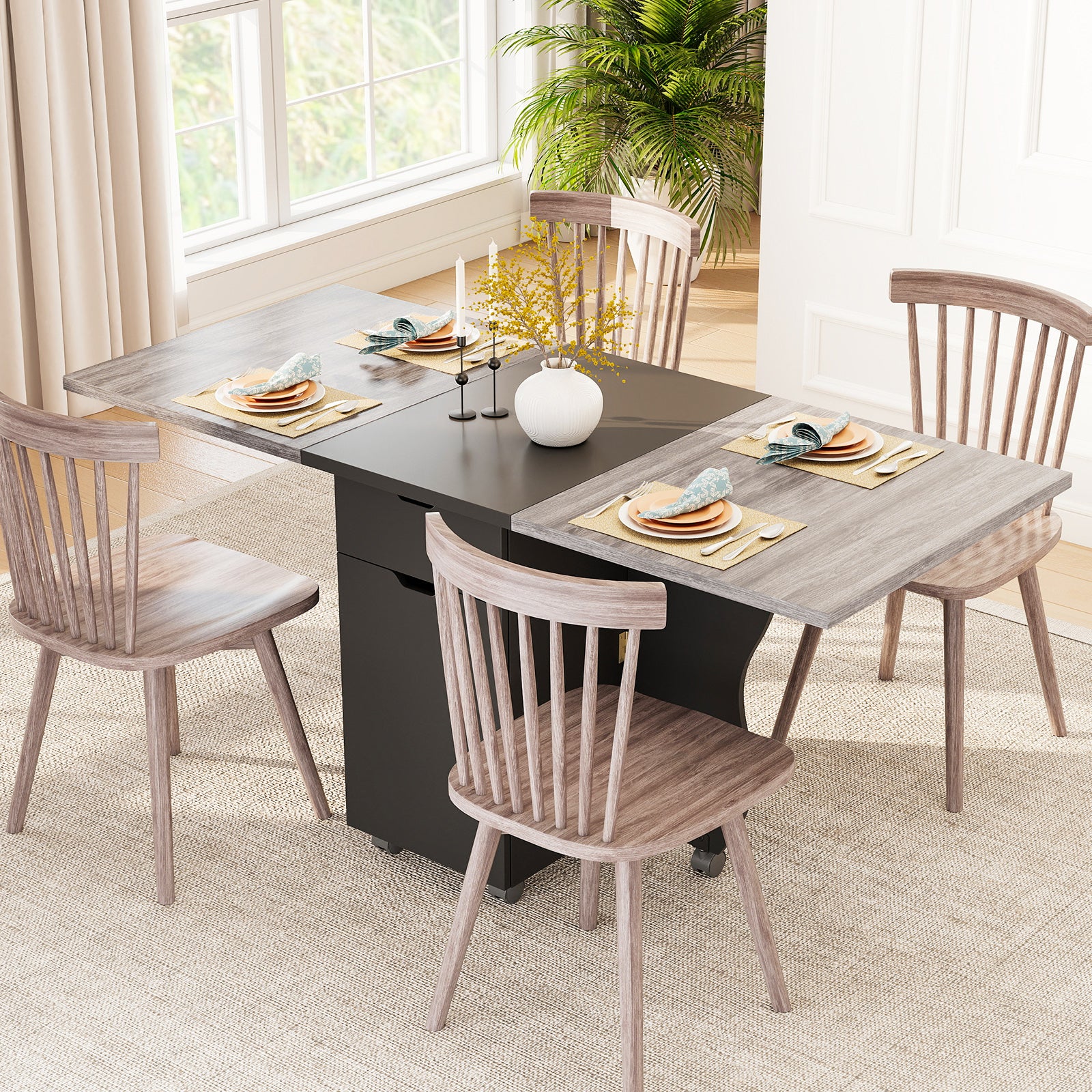 Folding Dining Table 3-in-1 Space-Saving Drop Leaf Kitchen Table with Lockable Wheels-Black