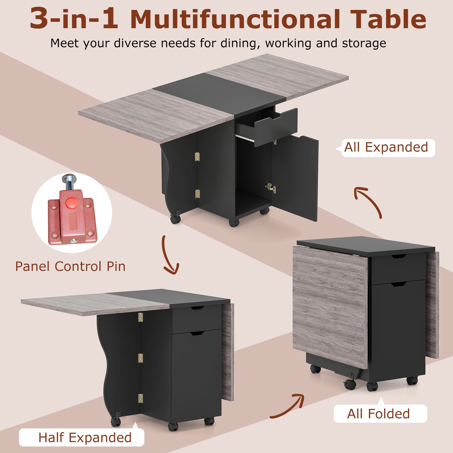 Folding Dining Table 3-in-1 Space-Saving Drop Leaf Kitchen Table with Lockable Wheels-Black