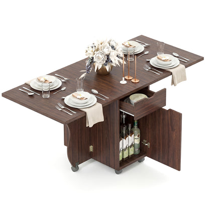 Folding Dining Table 3-in-1 Space-Saving Drop Leaf Kitchen Table with Lockable Wheels-Walnut