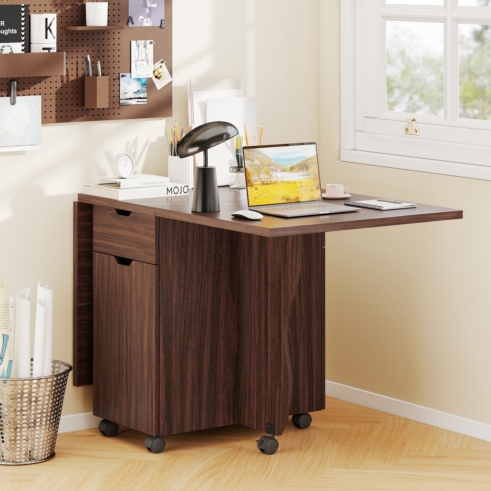 Folding Dining Table 3-in-1 Space-Saving Drop Leaf Kitchen Table with Lockable Wheels-Walnut