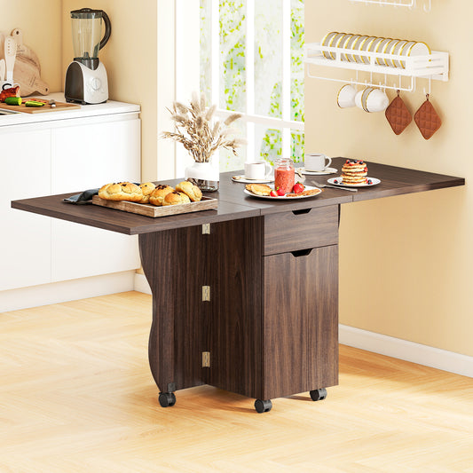 Folding Dining Table 3-in-1 Space-Saving Drop Leaf Kitchen Table with Lockable Wheels-Walnut
