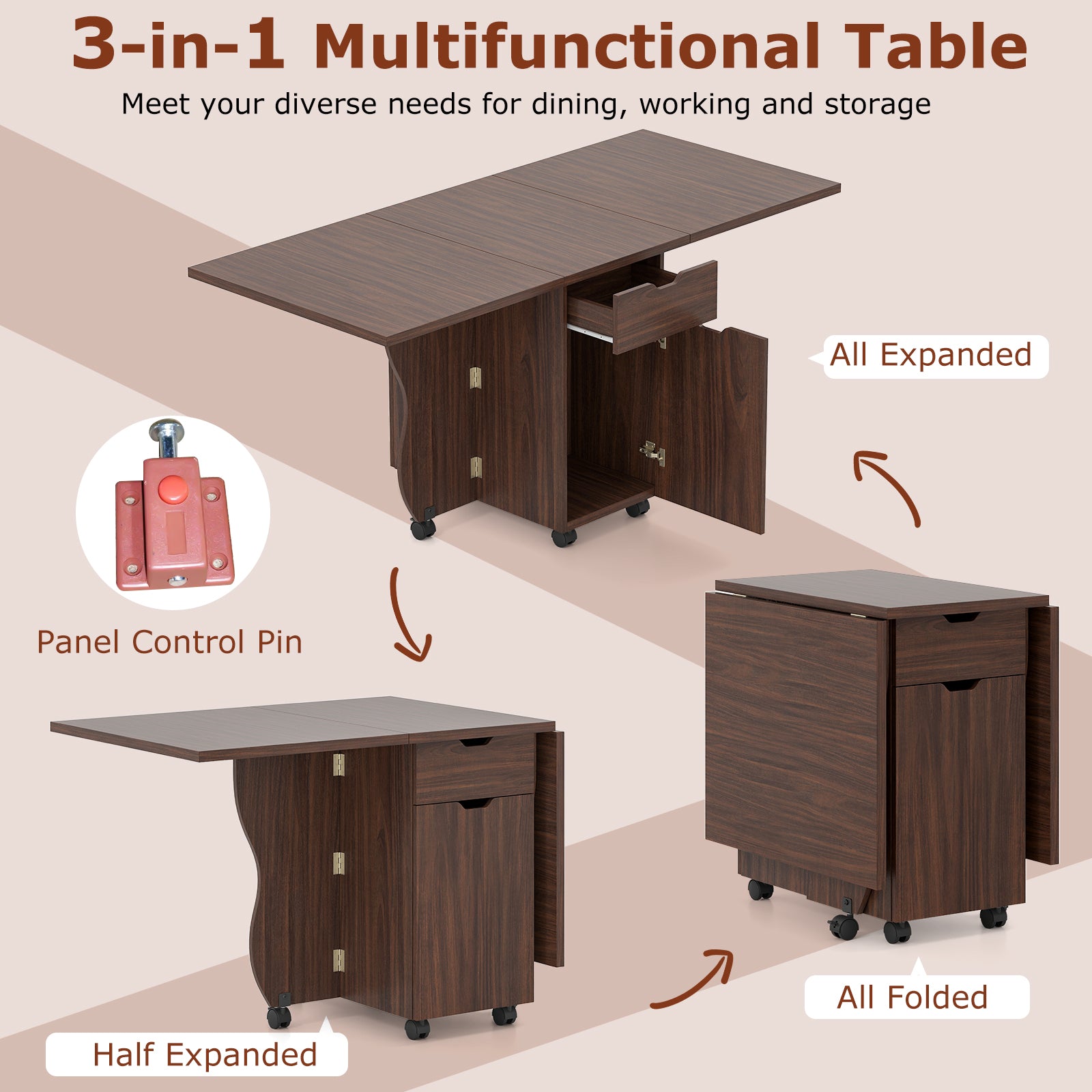 Folding Dining Table 3-in-1 Space-Saving Drop Leaf Kitchen Table with Lockable Wheels-Walnut