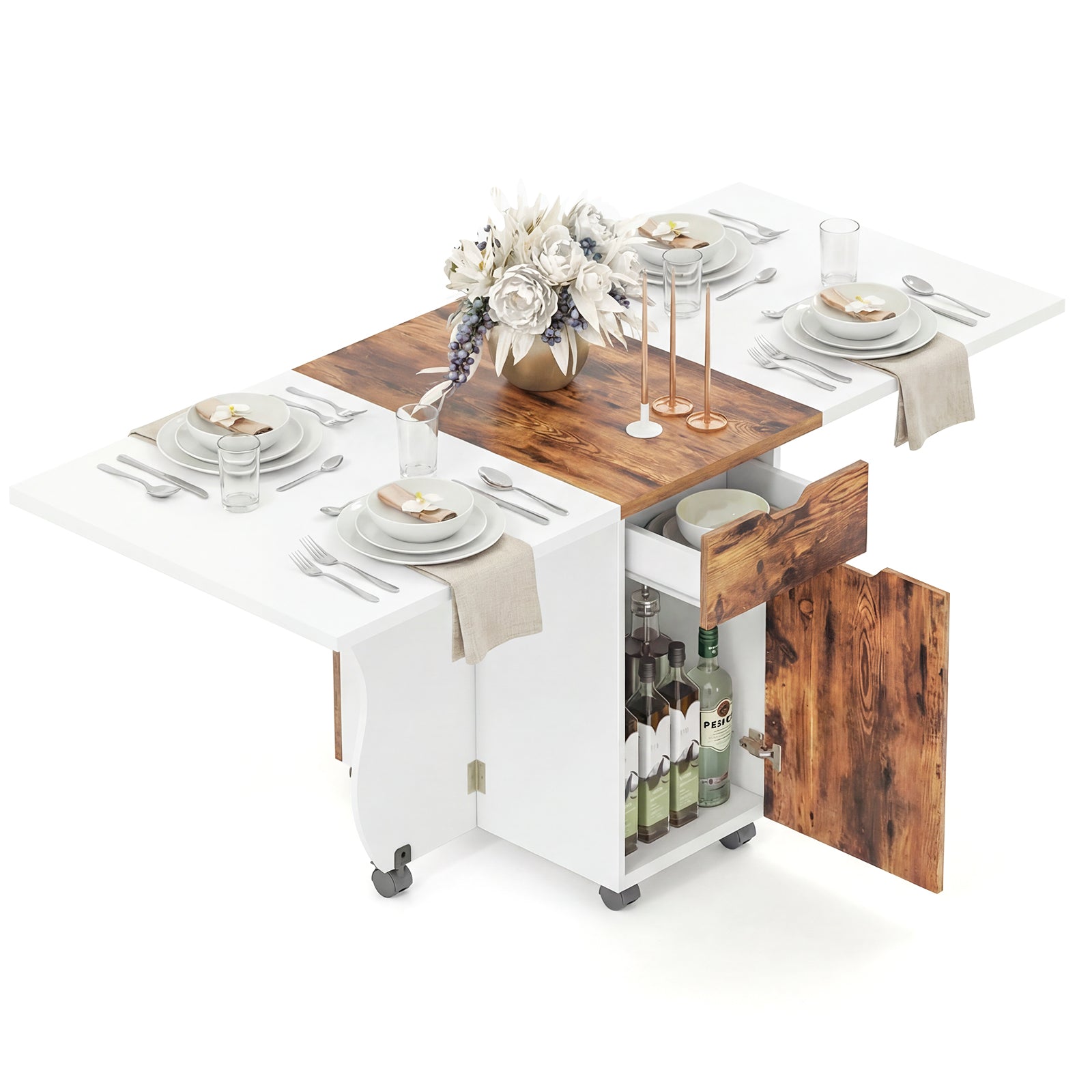 Folding Dining Table 3-in-1 Space-Saving Drop Leaf Kitchen Table with Lockable Wheels-Brown