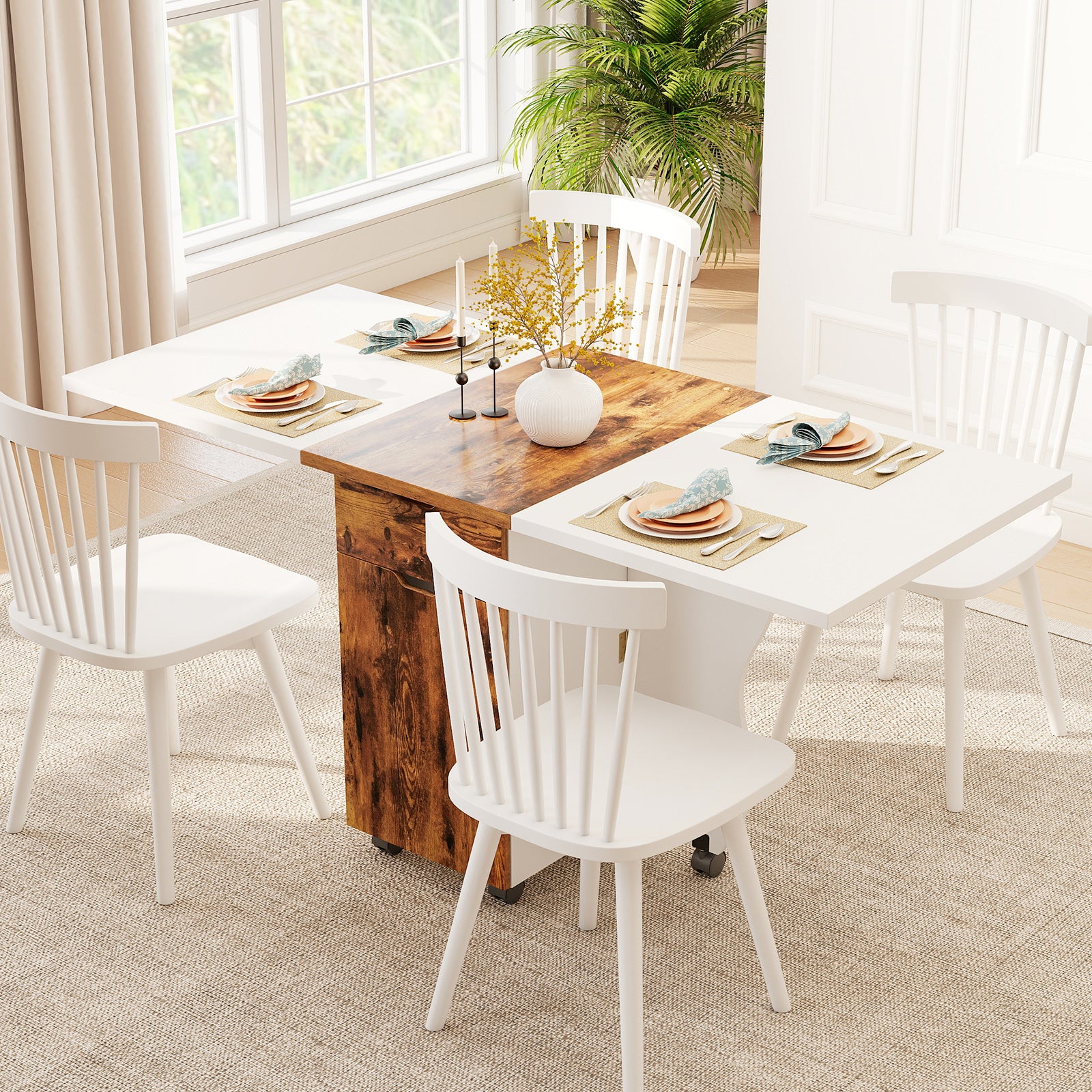 Folding Dining Table 3-in-1 Space-Saving Drop Leaf Kitchen Table with Lockable Wheels-Brown