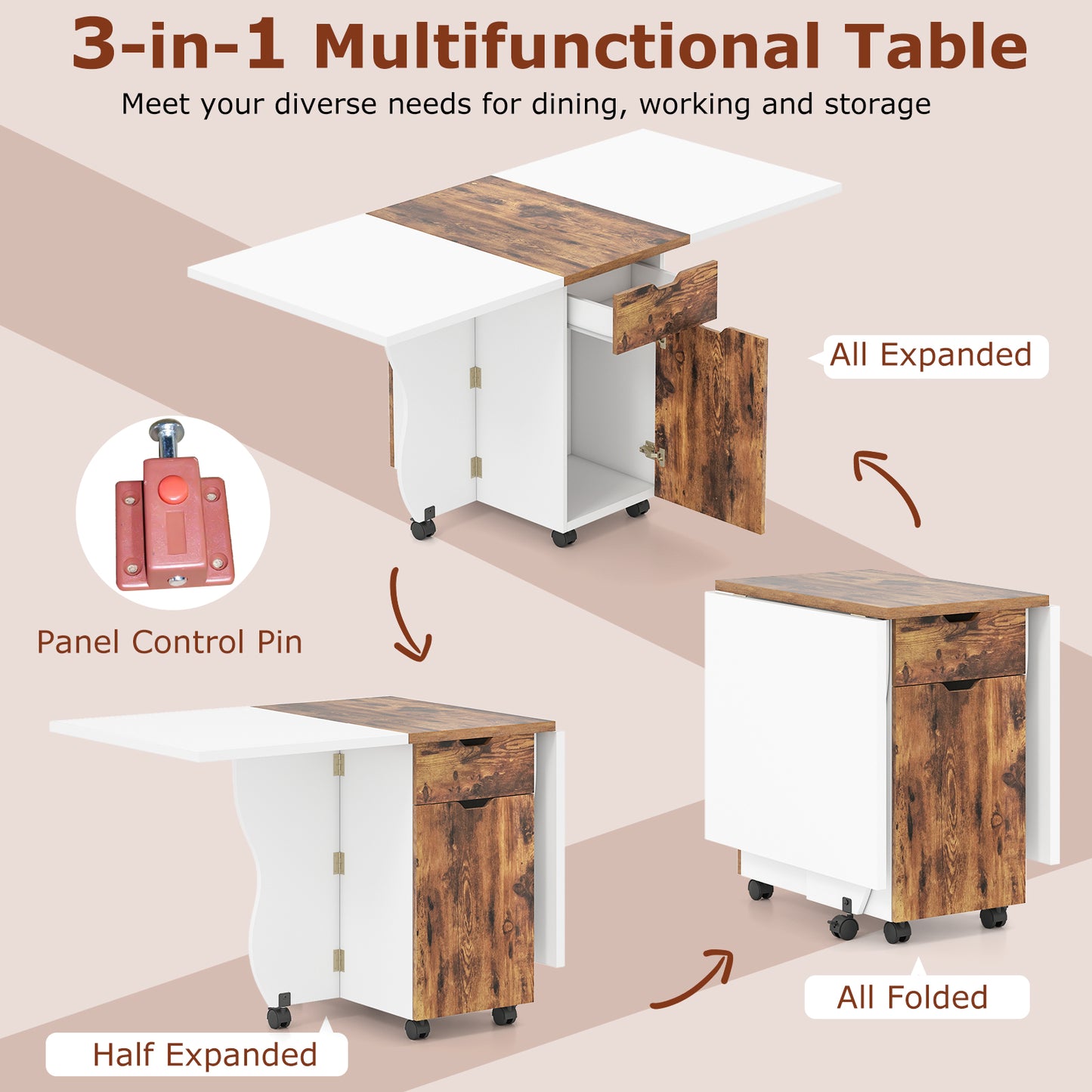 Folding Dining Table 3-in-1 Space-Saving Drop Leaf Kitchen Table with Lockable Wheels-Brown