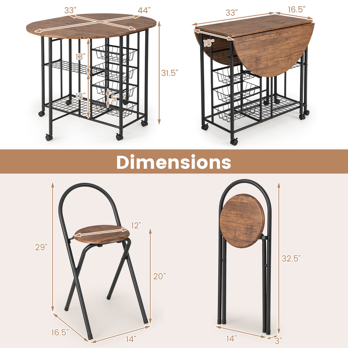 3 Pieces Folding Dining Table and Chair Set-Rustic Brown