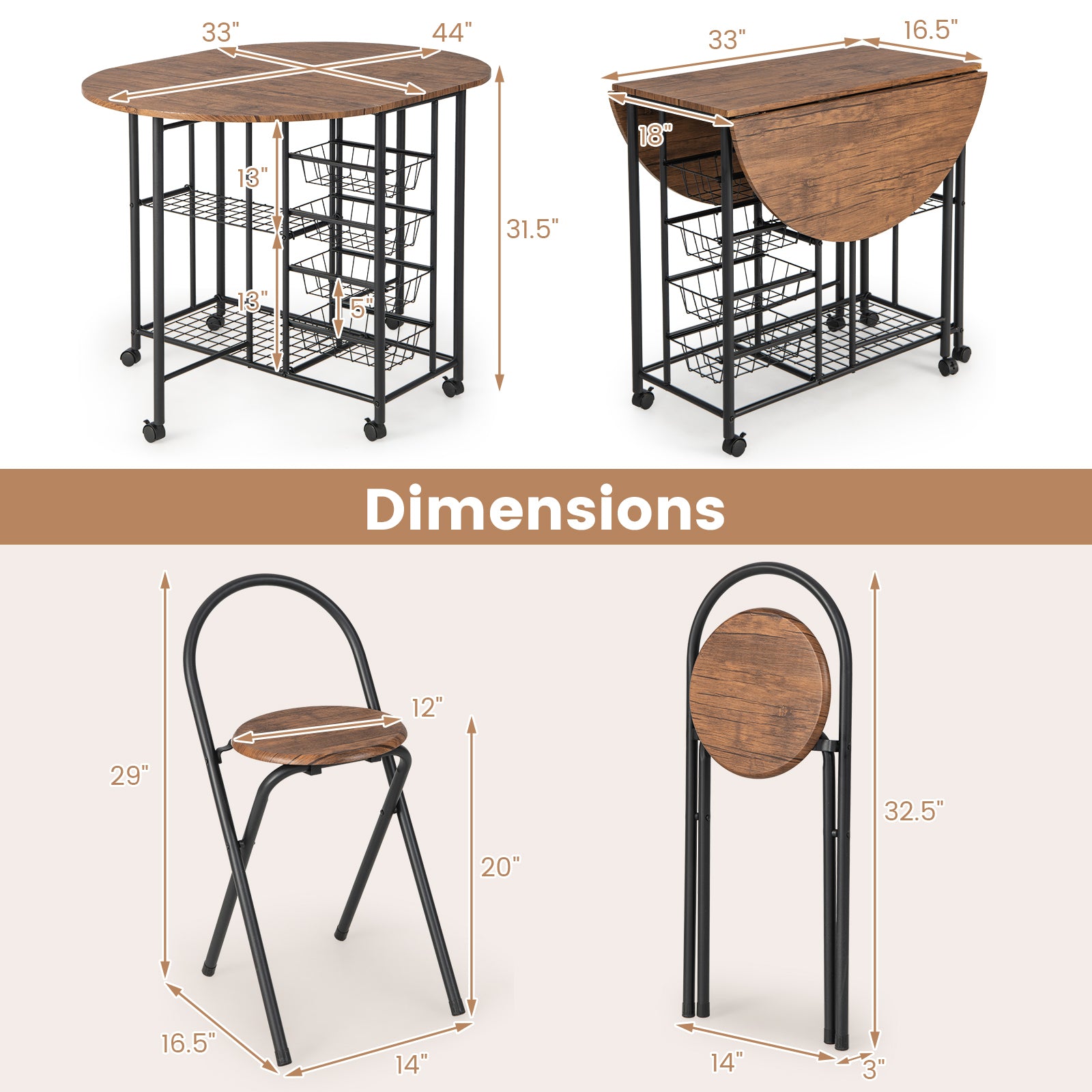 3 Pieces Folding Dining Table and Chair Set-Rustic Brown