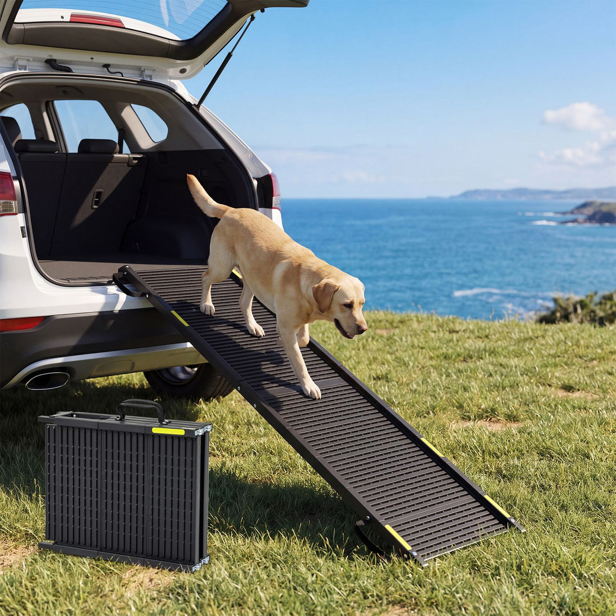 Folding Dog Ramp for Car with Plastic Non-Slip Surface for Large Dogs-Black