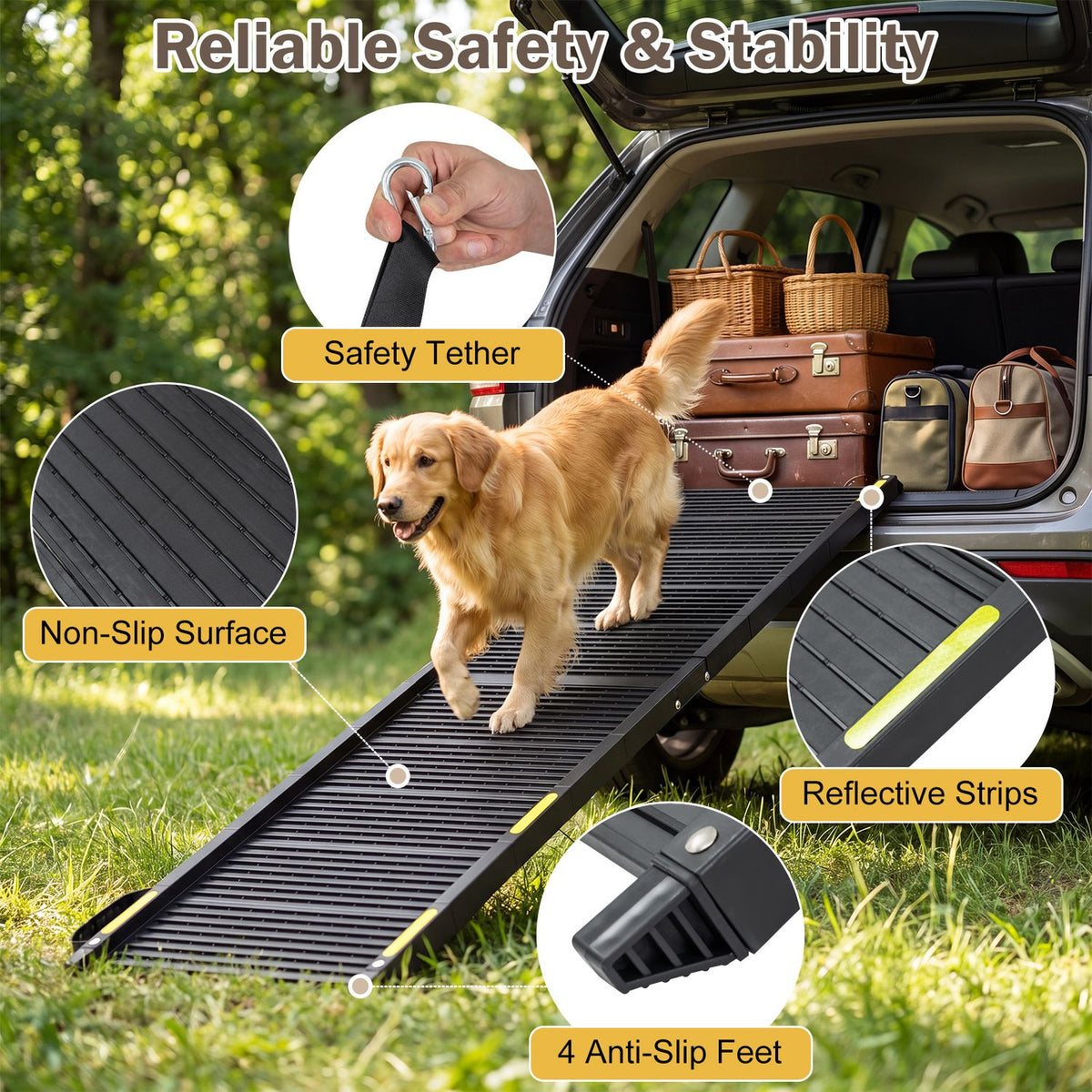Folding Dog Ramp for Car with Plastic Non-Slip Surface for Large Dogs-Black