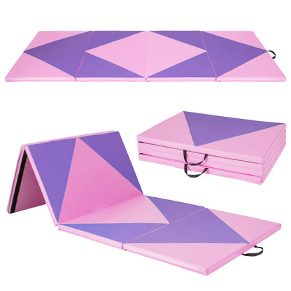 4-Panel PU Leather Folding Exercise Gym Mat with Hook and Loop Fasteners-Black & Turquoise - Pink & Purple