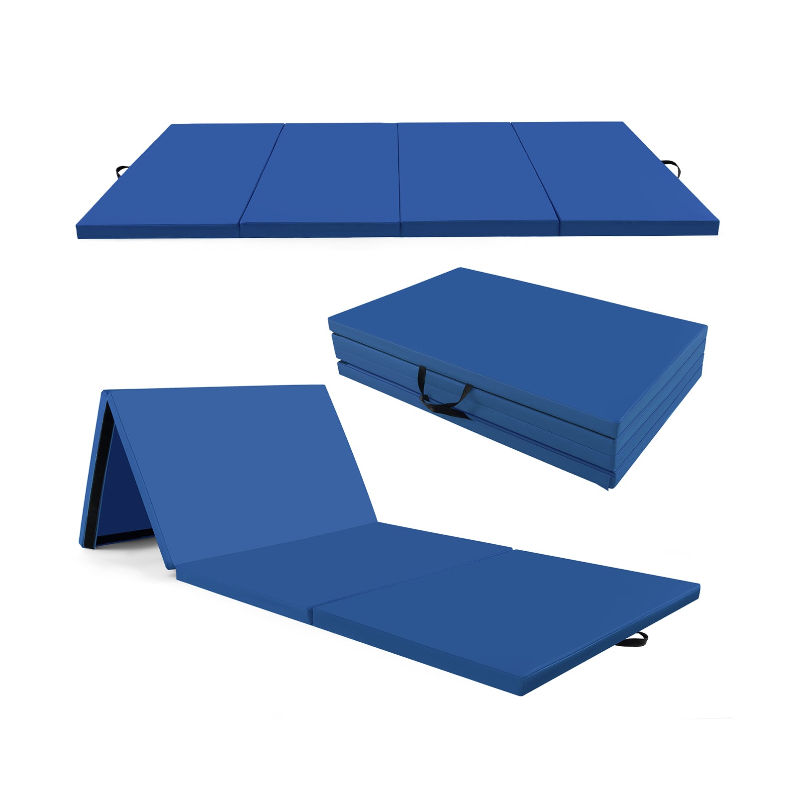 4-Panel PU Leather Folding Exercise Mat with Carrying Handles-Blue - Navy