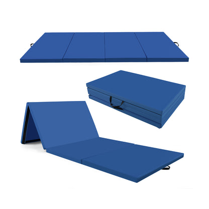 4-Panel PU Leather Folding Exercise Mat with Carrying Handles-Blue - Navy