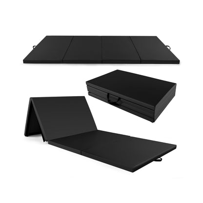 4-Panel PU Leather Folding Exercise Mat with Carrying Handles-Blue - Black