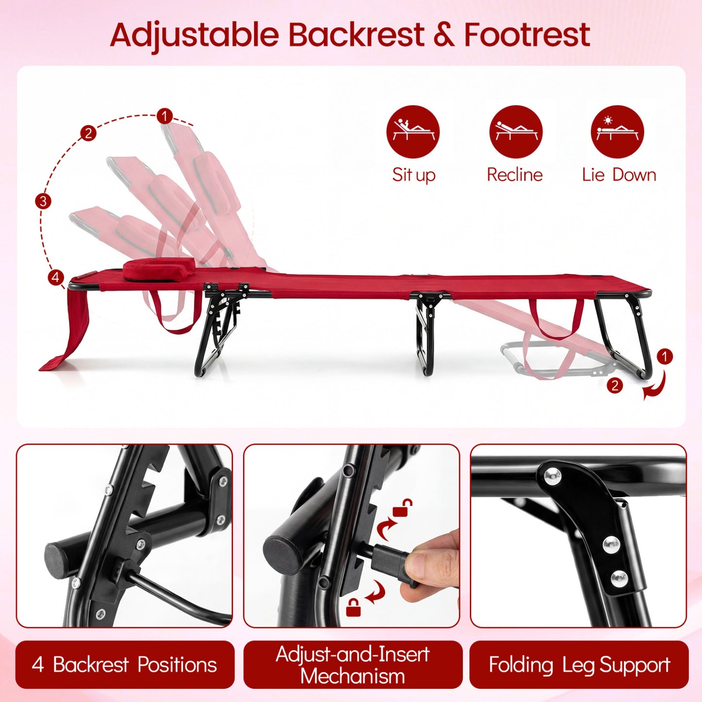 Folding Face Down Tanning Chair with Face Hole 3 Removable Pillows