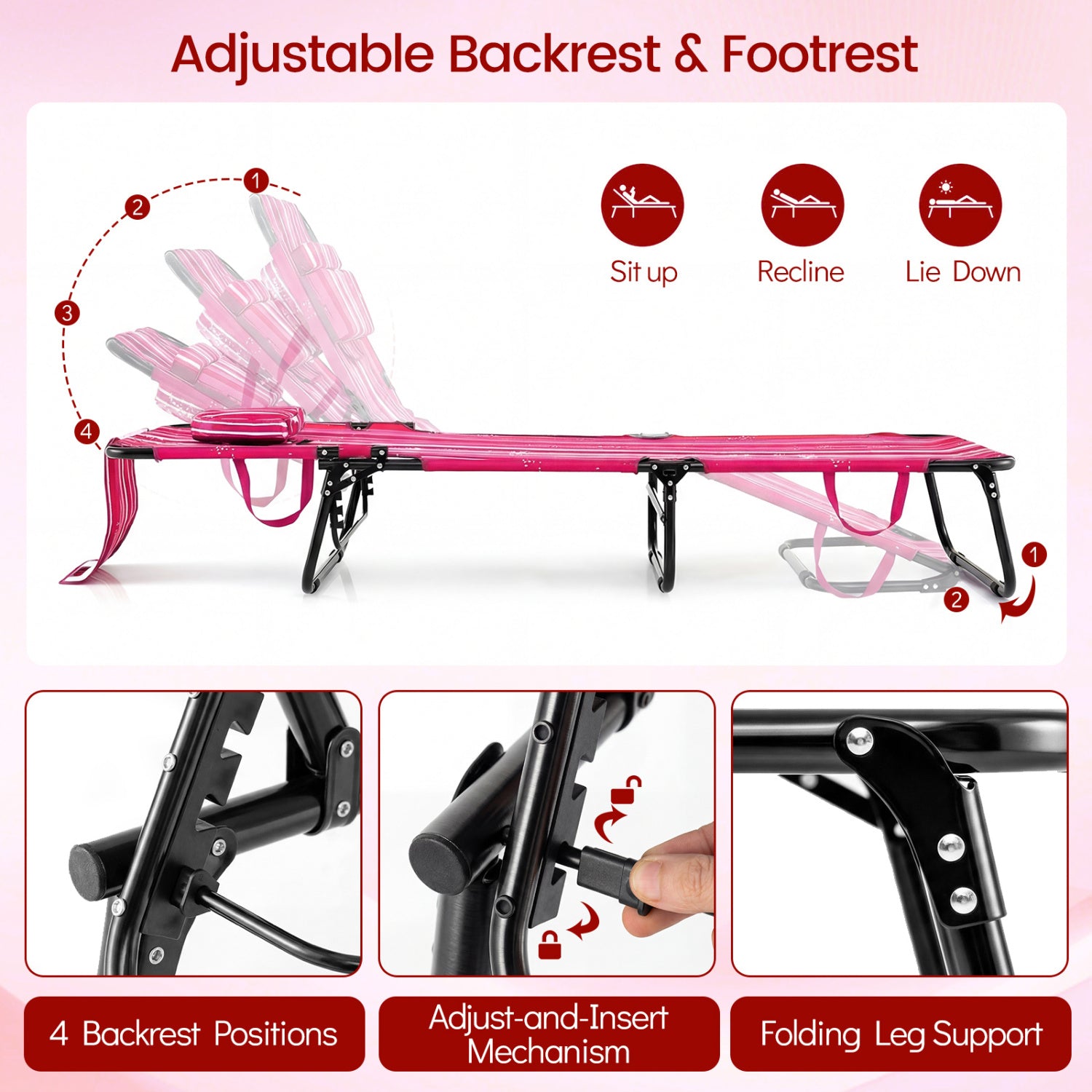 Folding Face Down Tanning Chair with Face Hole 3 Removable Pillows