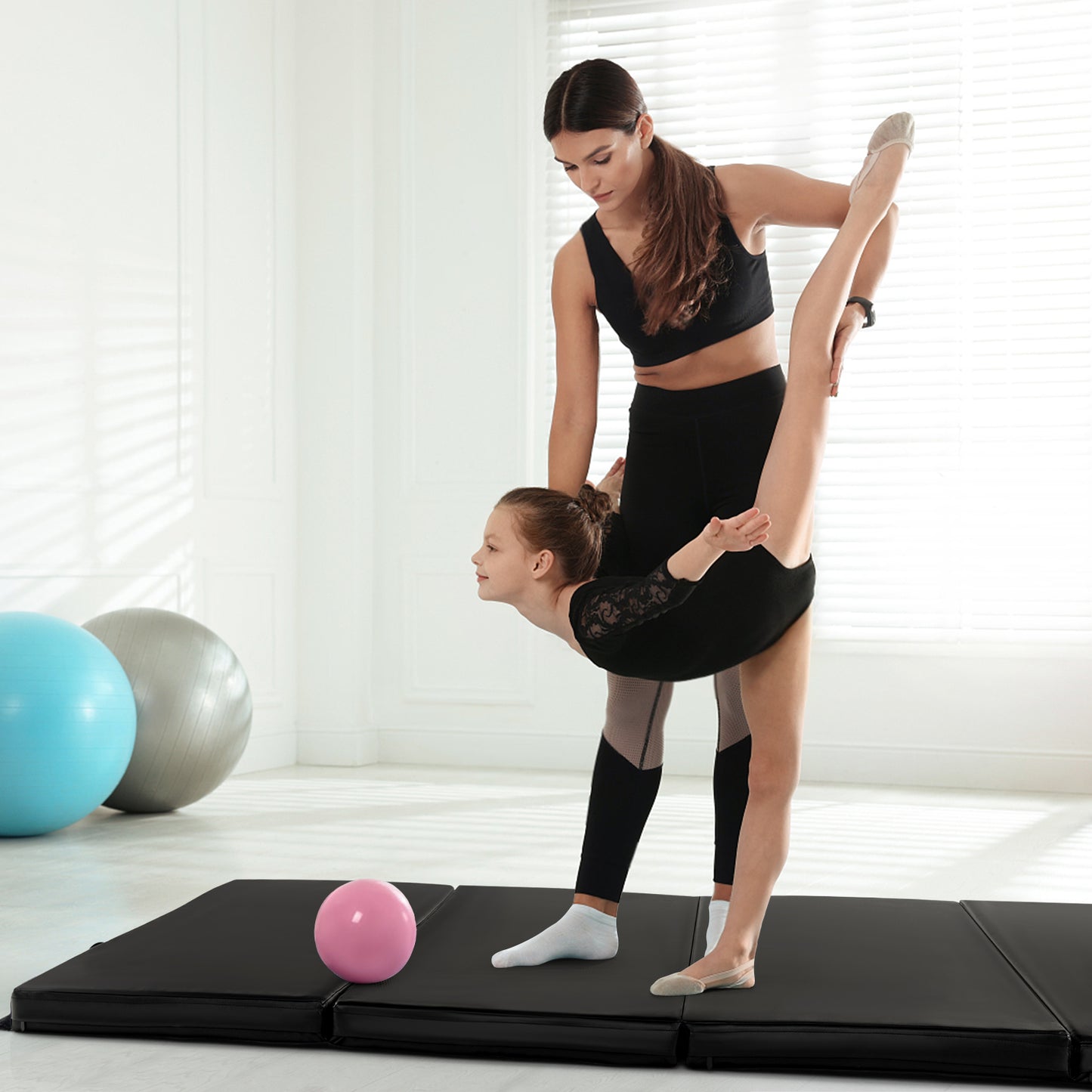 Folding Gymnastics Mat with Carry Handles and Sweatproof Detachable PU Leather Cover
