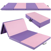 Folding Gymnastics Mat with Carry Handles and Sweatproof Detachable PU Leather Cover-Purple - Pink