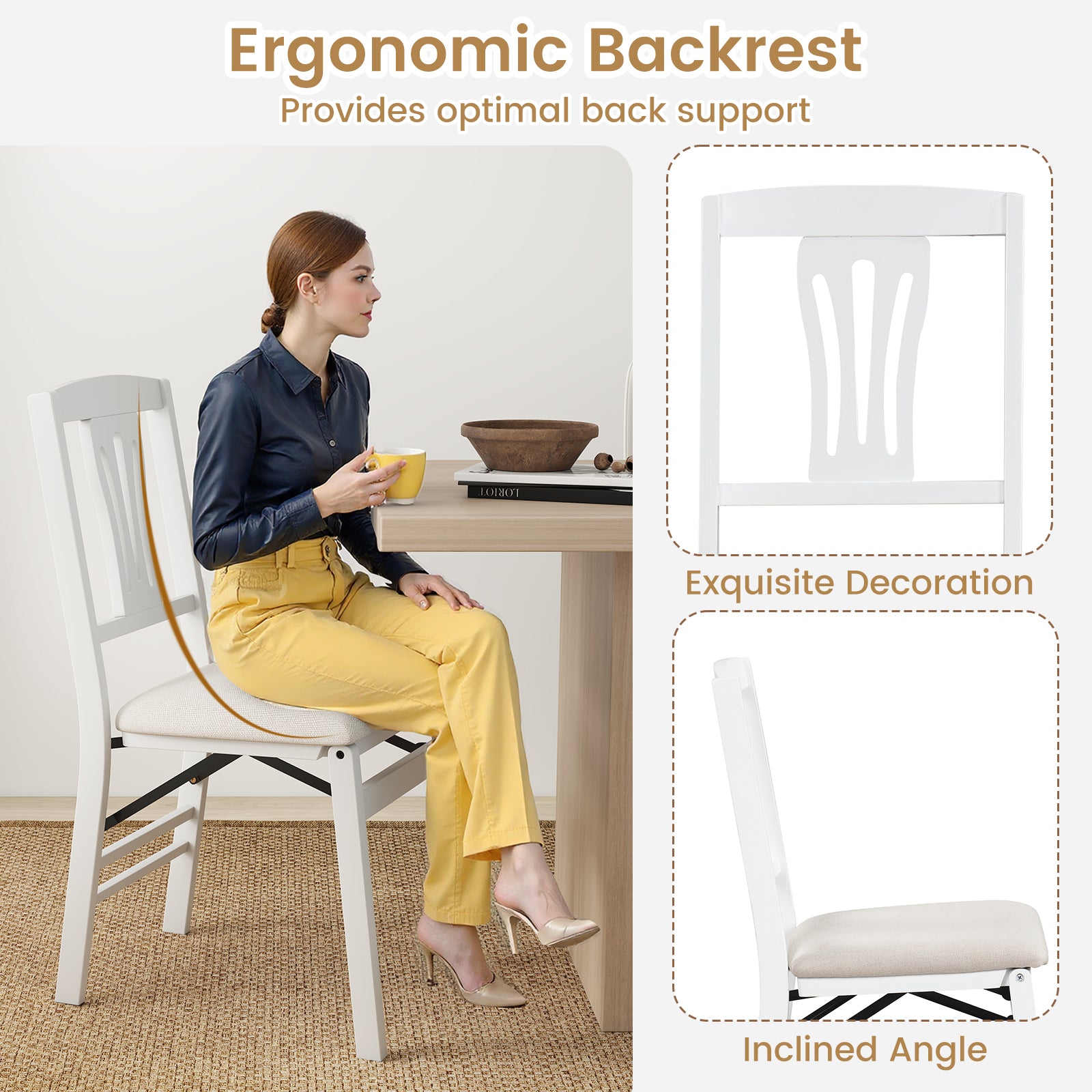 Folding Kitchen Chairs Set of 2 Upholstered Dining Chairs with Comfy Padded Seats-White