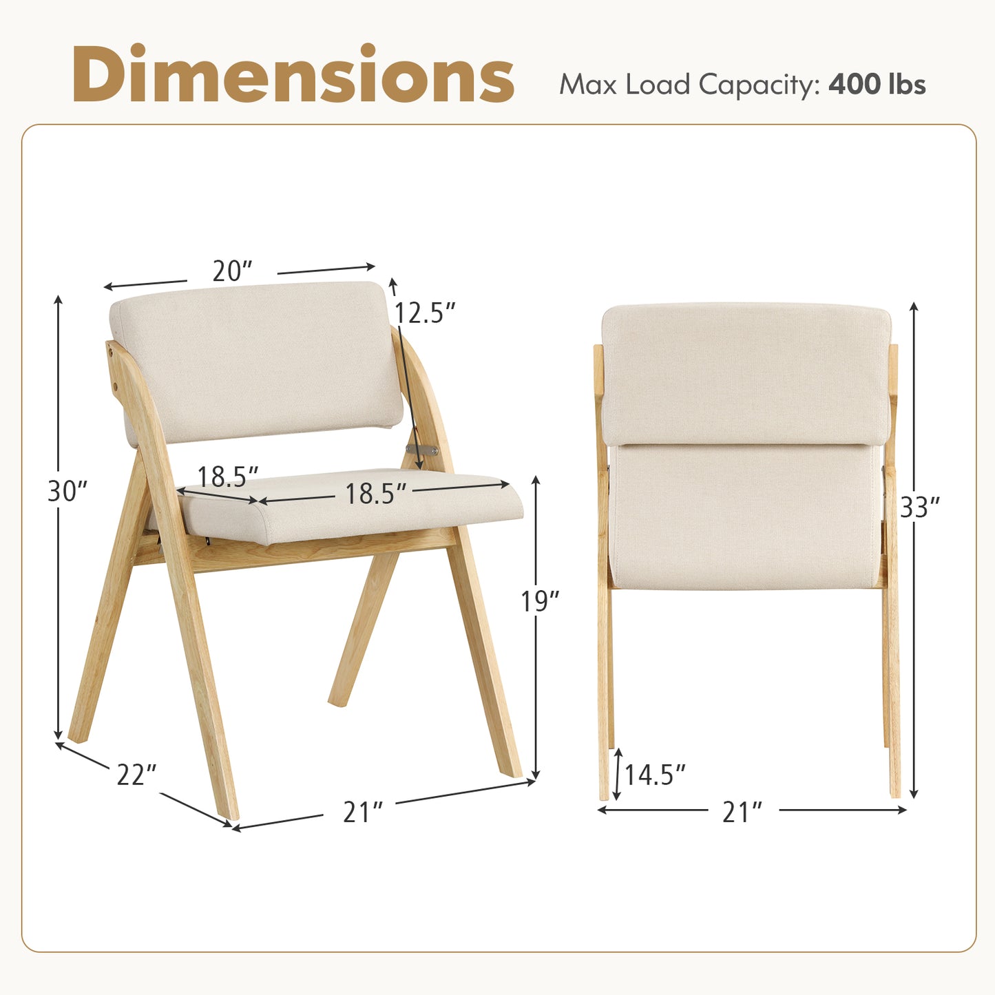 Set of 2 Folding Kitchen Dining Chairs with Rubber Wood Legs