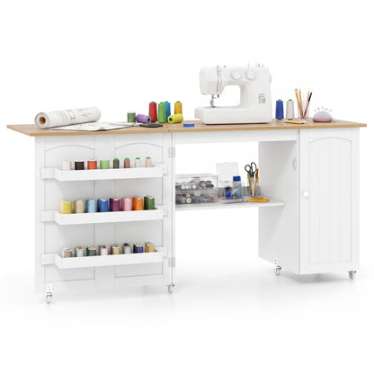 Folding Sewing Table Shelves Storage Cabinet Craft Cart with Wheels-Natural - Beige